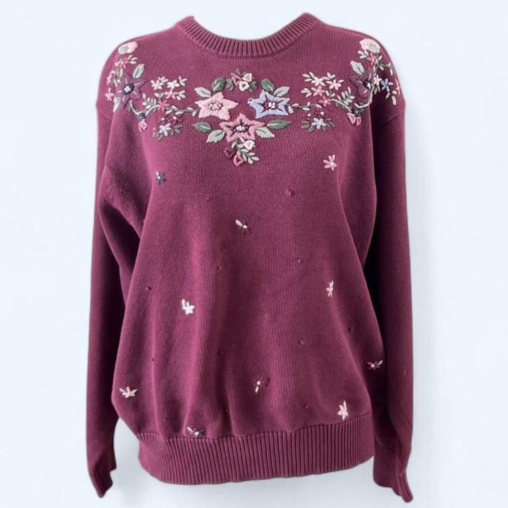Vintage Tabi Purple Floral Embroidered Cotton Sweater Cottagecore Size L